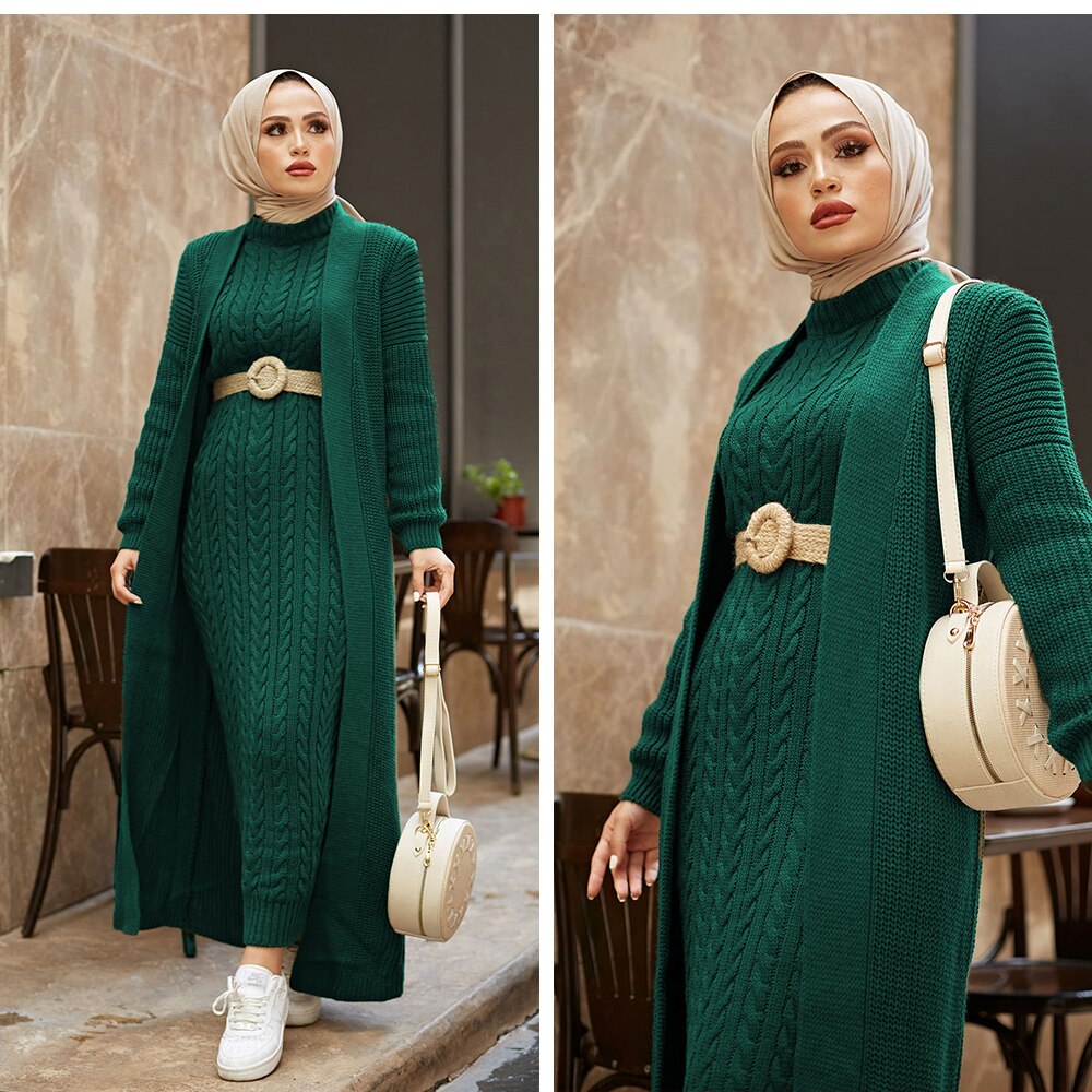 Women Dress New Season Winter 2 Piece Hijab Knitwear Suit Islamic Muslim Clothing Long Cardigan Model Made in Turkey Women Dress New Season Winter 2 Piece Hijab Knitwear Suit Islamic Muslim Clothing Long Cardigan Model Made in Turkey