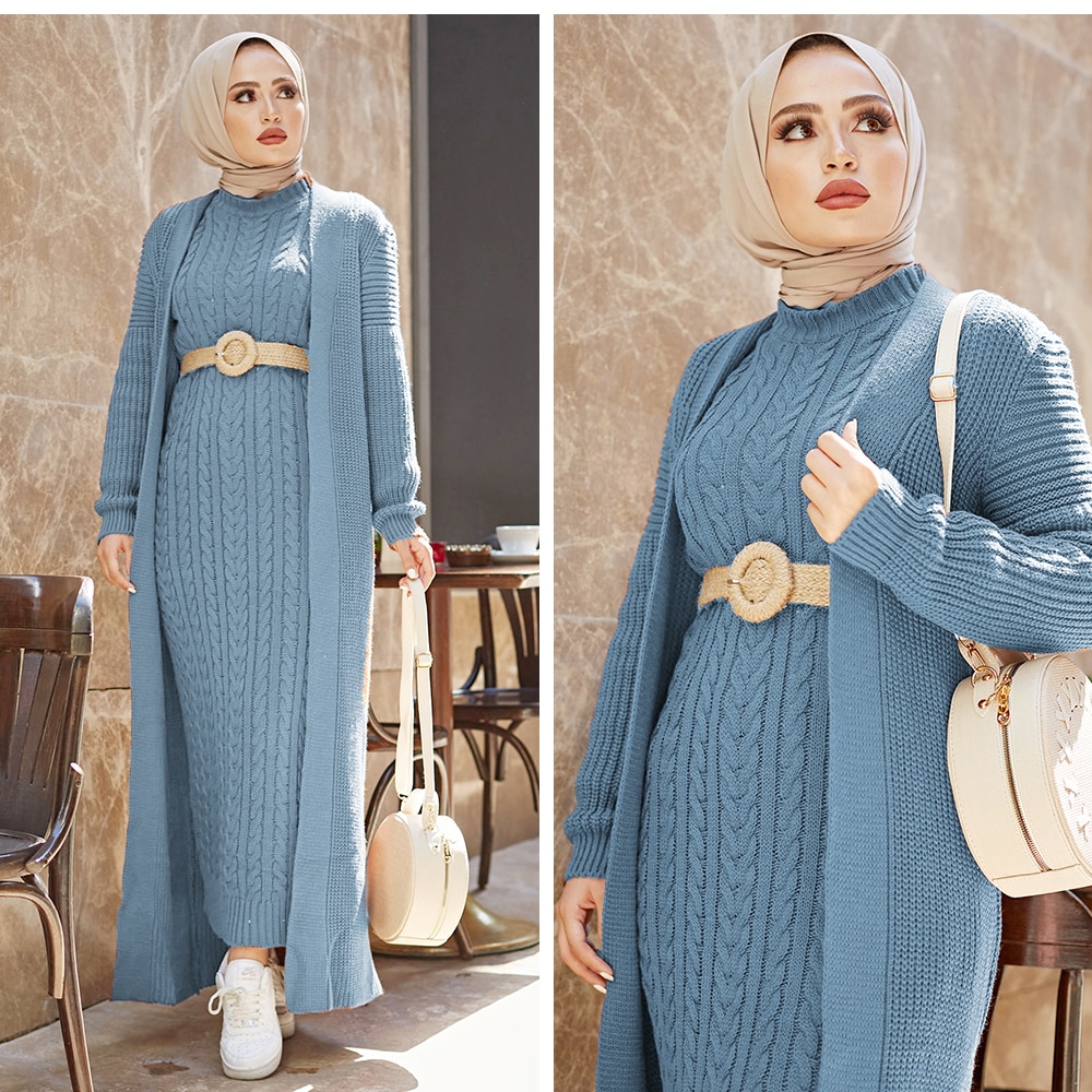 Women Dress New Season Winter 2 Piece Hijab Knitwear Suit Islamic Muslim Clothing Long Cardigan Model Made in Turkey Women Dress New Season Winter 2 Piece Hijab Knitwear Suit Islamic Muslim Clothing Long Cardigan Model Made in Turkey
