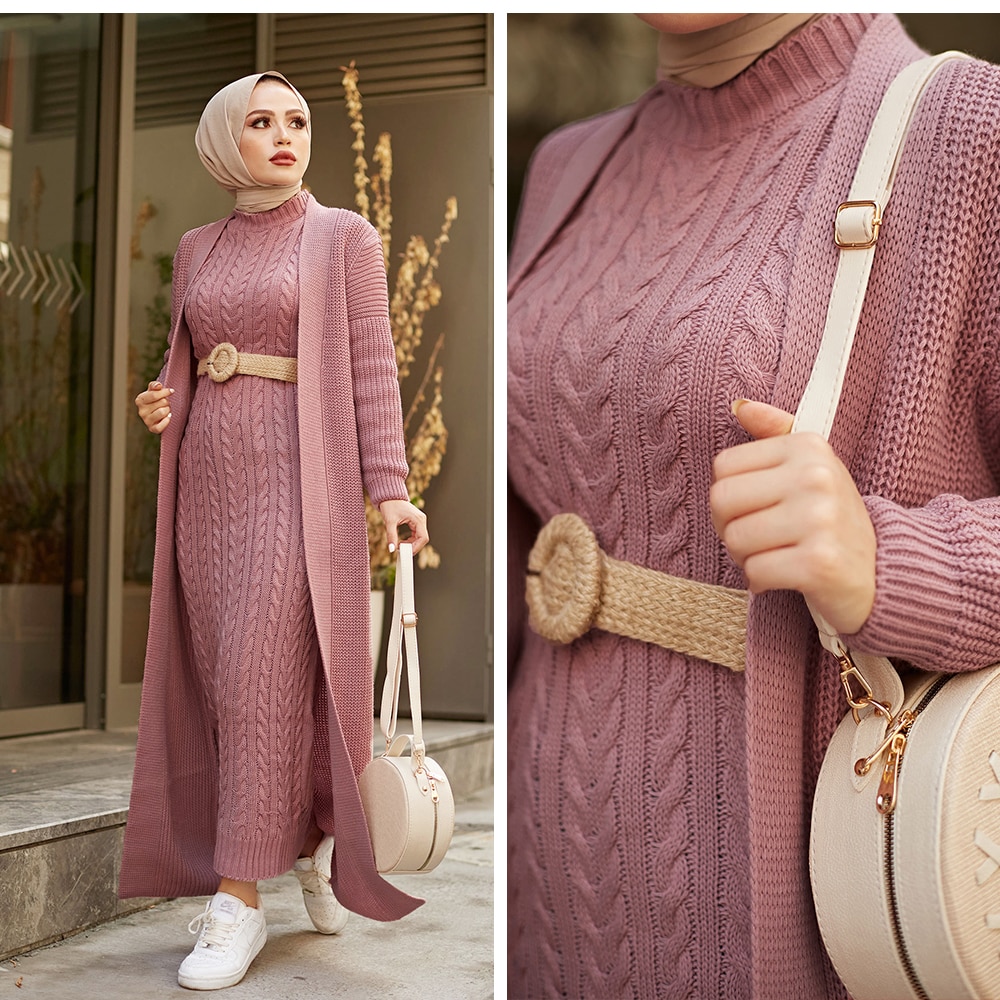 Women Dress New Season Winter 2 Piece Hijab Knitwear Suit Islamic Muslim Clothing Long Cardigan Model Made in Turkey Women Dress New Season Winter 2 Piece Hijab Knitwear Suit Islamic Muslim Clothing Long Cardigan Model Made in Turkey