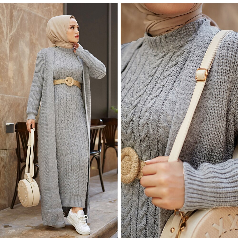 Women Dress New Season Winter 2 Piece Hijab Knitwear Suit Islamic Muslim Clothing Long Cardigan Model Made in Turkey Women Dress New Season Winter 2 Piece Hijab Knitwear Suit Islamic Muslim Clothing Long Cardigan Model Made in Turkey