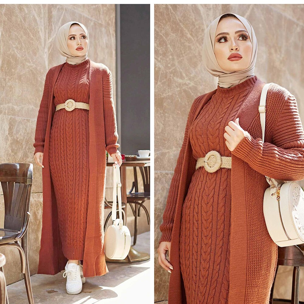 Women Dress New Season Winter 2 Piece Hijab Knitwear Suit Islamic Muslim Clothing Long Cardigan Model Made in Turkey Women Dress New Season Winter 2 Piece Hijab Knitwear Suit Islamic Muslim Clothing Long Cardigan Model Made in Turkey