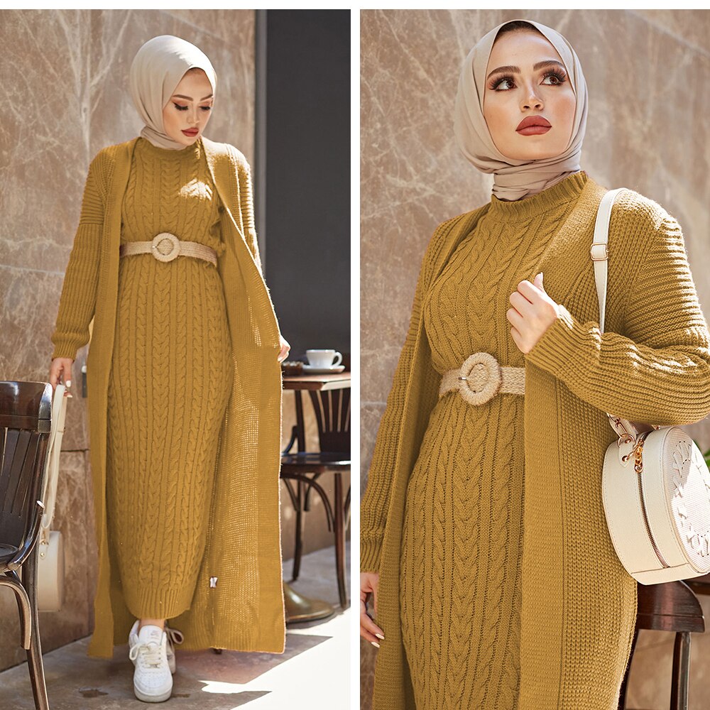Women Dress New Season Winter 2 Piece Hijab Knitwear Suit Islamic Muslim Clothing Long Cardigan Model Made in Turkey Women Dress New Season Winter 2 Piece Hijab Knitwear Suit Islamic Muslim Clothing Long Cardigan Model Made in Turkey