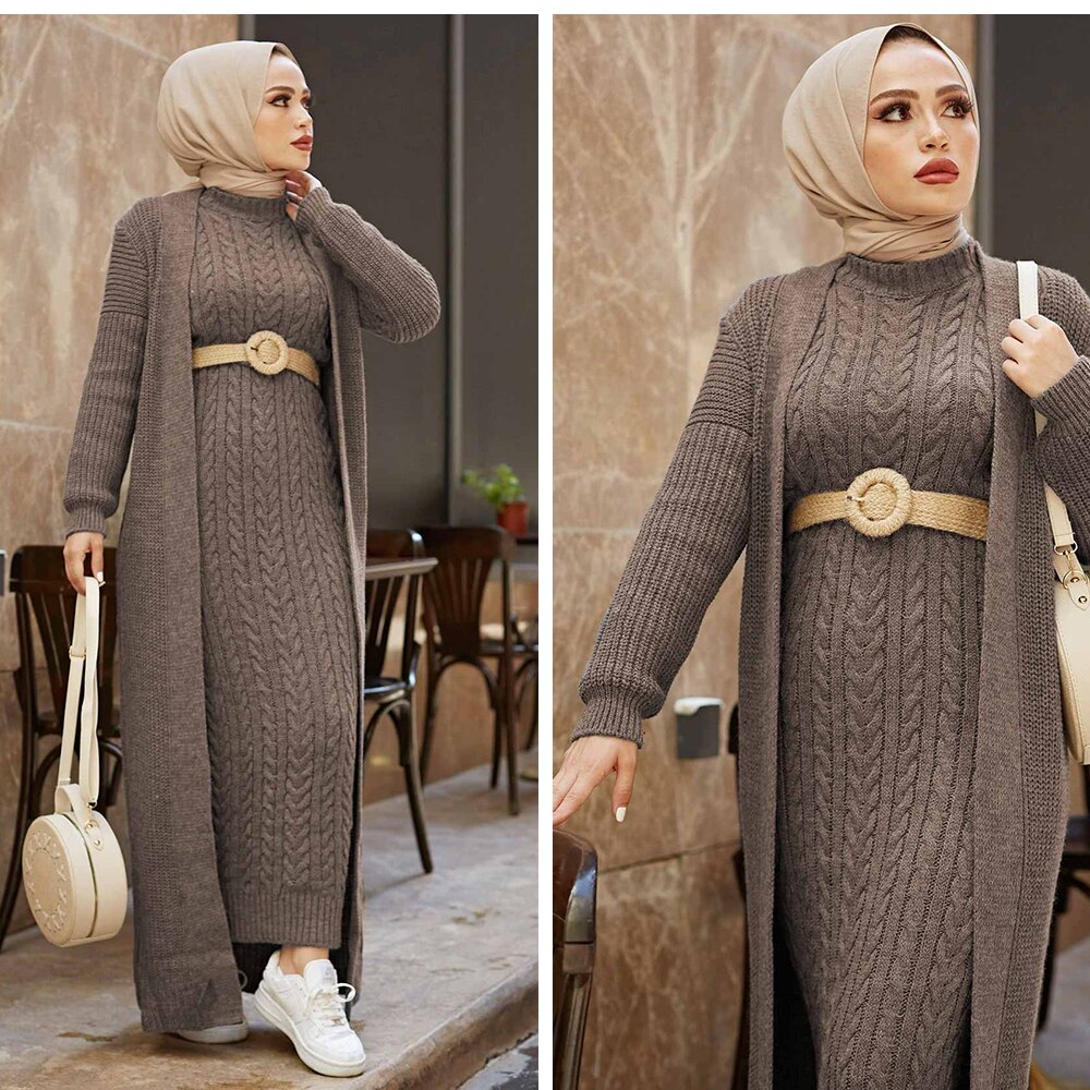 Women Dress New Season Winter 2 Piece Hijab Knitwear Suit Islamic Muslim Clothing Long Cardigan Model Made in Turkey Women Dress New Season Winter 2 Piece Hijab Knitwear Suit Islamic Muslim Clothing Long Cardigan Model Made in Turkey