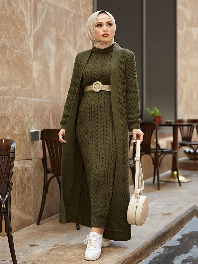 Women Dress New Season Winter 2 Piece Hijab Knitwear Suit Islamic Muslim Clothing Long Cardigan Model Made in Turkey Women Dress New Season Winter 2 Piece Hijab Knitwear Suit Islamic Muslim Clothing Long Cardigan Model Made in Turkey