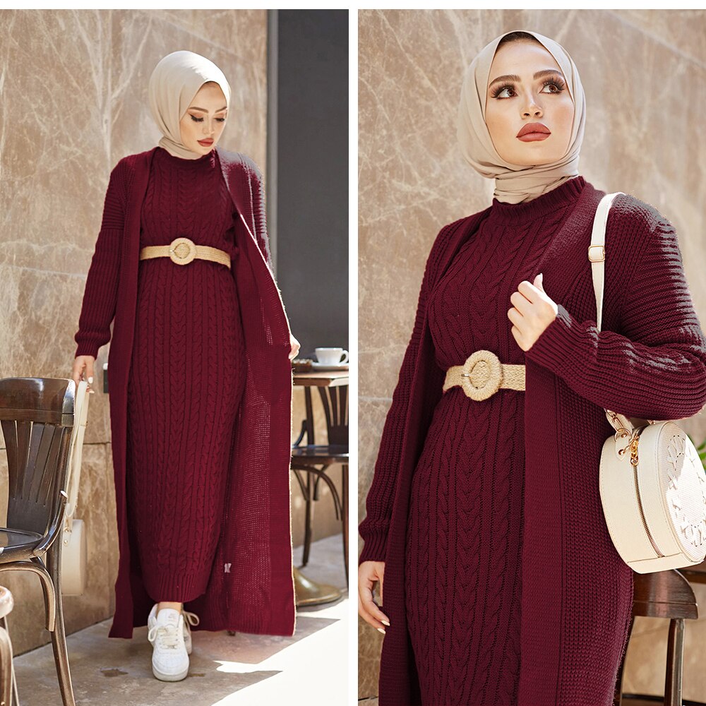 Women Dress New Season Winter 2 Piece Hijab Knitwear Suit Islamic Muslim Clothing Long Cardigan Model Made in Turkey Women Dress New Season Winter 2 Piece Hijab Knitwear Suit Islamic Muslim Clothing Long Cardigan Model Made in Turkey