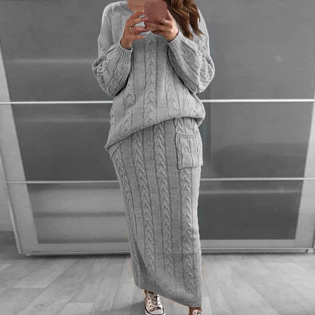2 Piece Set Long Sleeve Knitted Sweater Bodycon  Pullover Long Pencil Skirt Suit 2 Piece Set Long Sleeve Knitted Sweater Bodycon  Pullover Long Pencil Skirt Suit