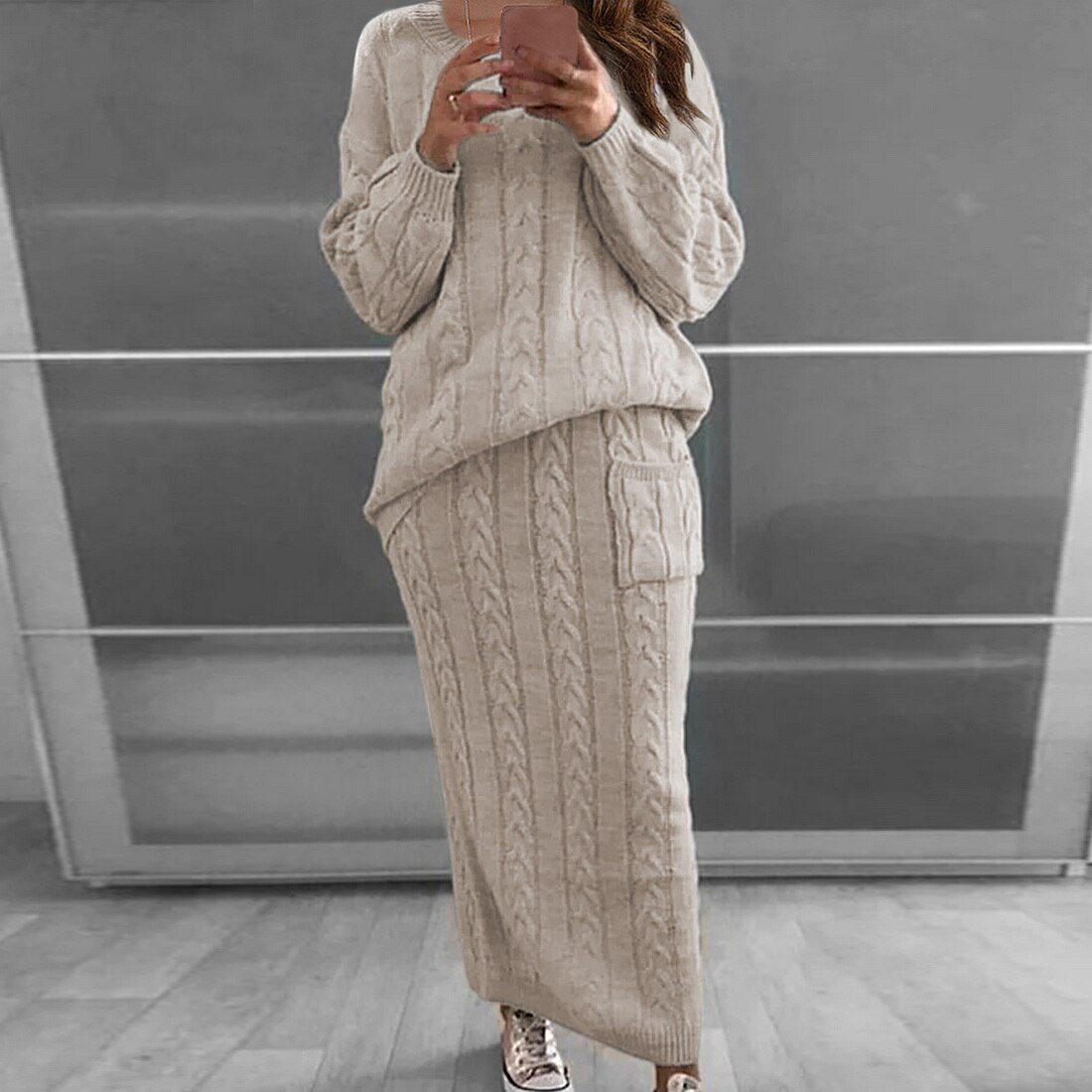 2 Piece Set Long Sleeve Knitted Sweater Bodycon  Pullover Long Pencil Skirt Suit 2 Piece Set Long Sleeve Knitted Sweater Bodycon  Pullover Long Pencil Skirt Suit