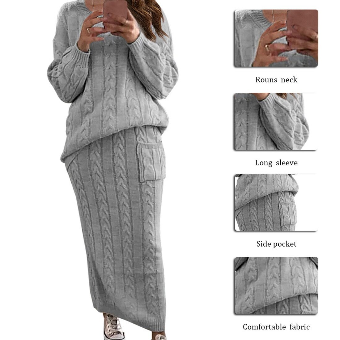 2 Piece Set Long Sleeve Knitted Sweater Bodycon  Pullover Long Pencil Skirt Suit 2 Piece Set Long Sleeve Knitted Sweater Bodycon  Pullover Long Pencil Skirt Suit