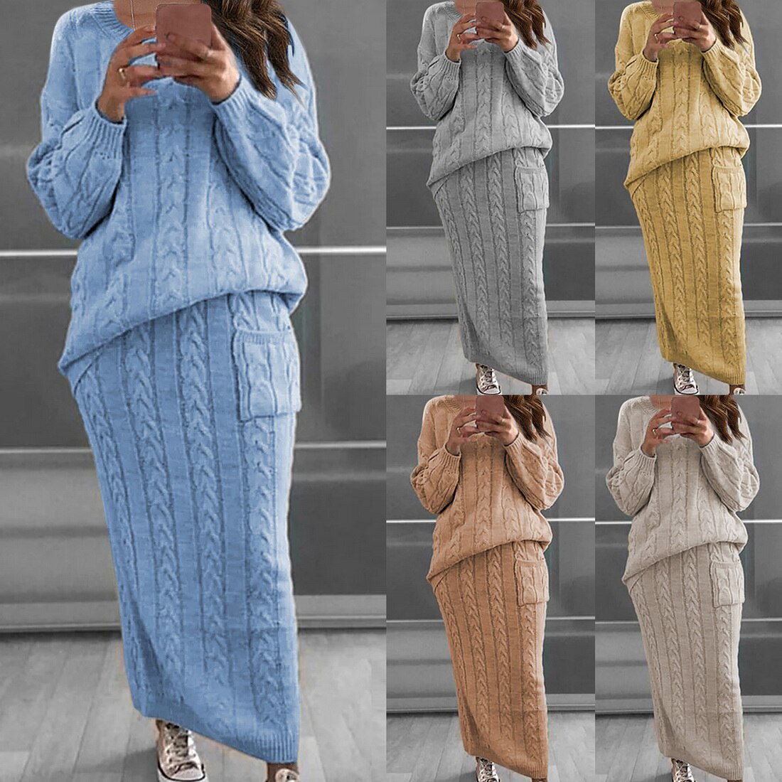 2 Piece Set Long Sleeve Knitted Sweater Bodycon  Pullover Long Pencil Skirt Suit 2 Piece Set Long Sleeve Knitted Sweater Bodycon  Pullover Long Pencil Skirt Suit