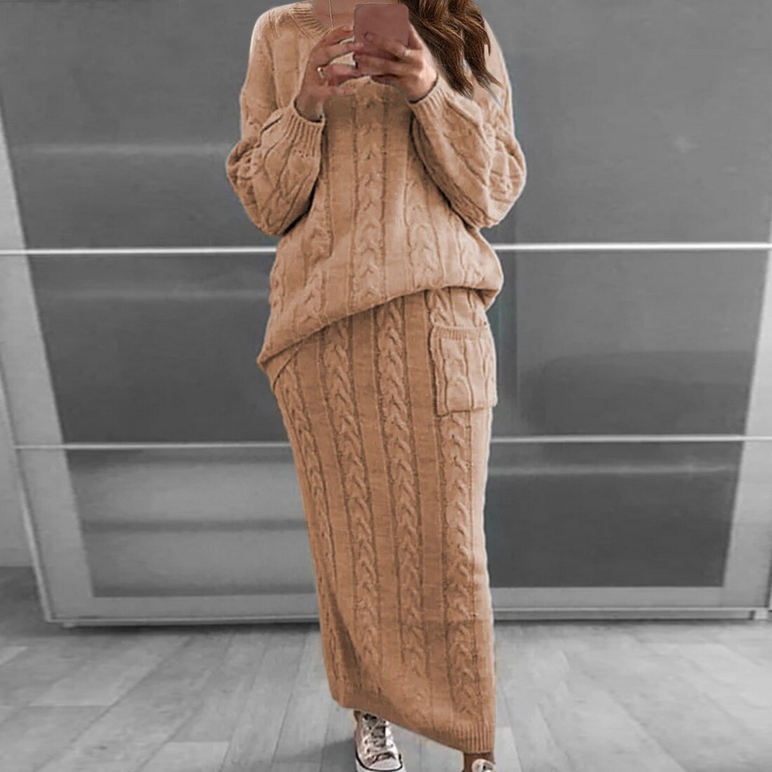 2 Piece Set Long Sleeve Knitted Sweater Bodycon  Pullover Long Pencil Skirt Suit 2 Piece Set Long Sleeve Knitted Sweater Bodycon  Pullover Long Pencil Skirt Suit