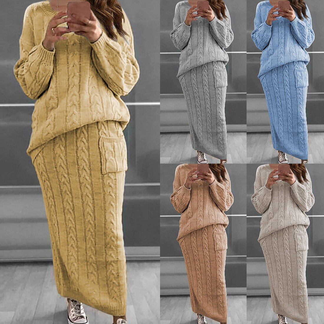 2 Piece Set Long Sleeve Knitted Sweater Bodycon Pullover Long Pencil Skirt Suit 2 Piece Set Long Sleeve Knitted Sweater Bodycon Pullover Long Pencil Skirt Suit