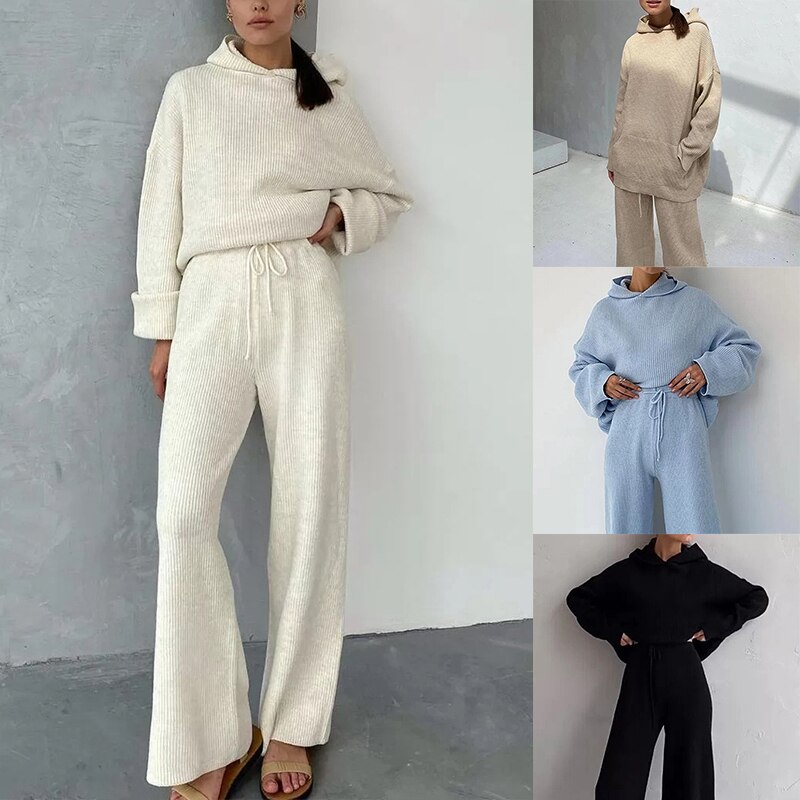 Sweater Set Women Tracksuit Spring Autumn Knitted Suits 2 Piece Set Warm Hoodies Sweater Pullover Wide legs pants Sweater Set Women Tracksuit Spring Autumn Knitted Suits 2 Piece Set Warm Hoodies Sweater Pullover Wide legs pants