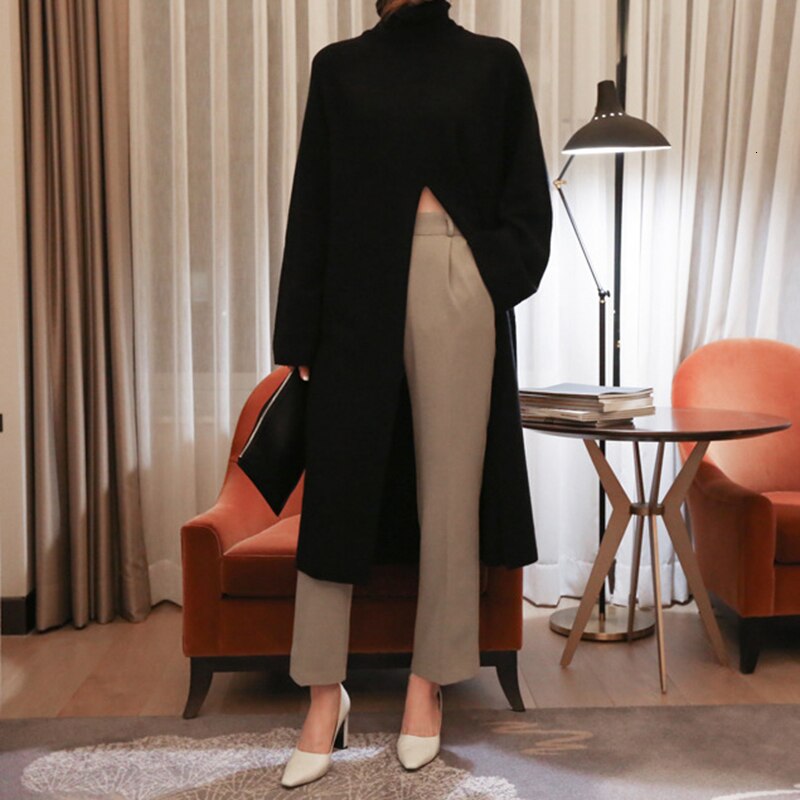 Split Black Sweater Women Long Sleeve Turtleneck Knitted Pullover Tops Split Black Sweater Women Long Sleeve Turtleneck Knitted Pullover Tops