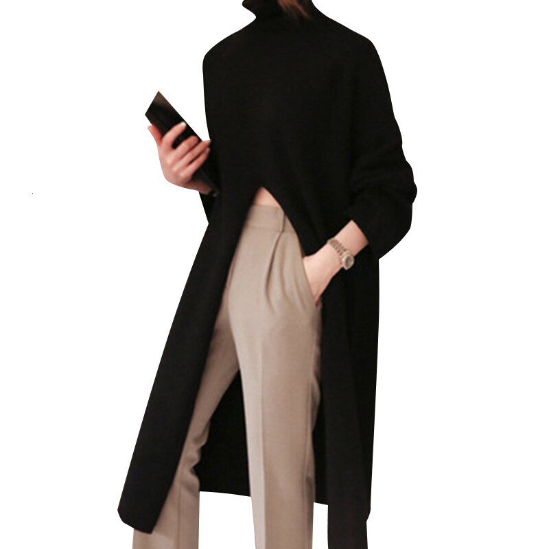 Split Black Sweater Women Long Sleeve Turtleneck Knitted Pullover Tops Split Black Sweater Women Long Sleeve Turtleneck Knitted Pullover Tops