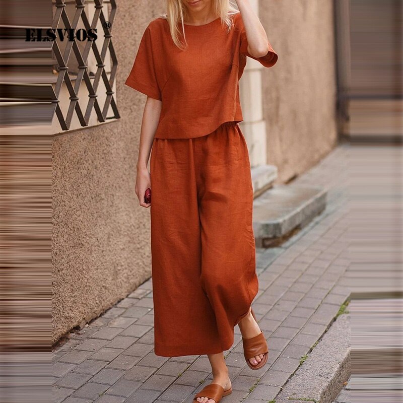 2021 Summer Fashion Two-Piece Sets Lady Cotton Linen O-Neck Short Tops And Wide Leg Pants Solid Suit Women Casual Simple Outfits 2021 Summer Fashion Two-Piece Sets Lady Cotton Linen O-Neck Short Tops And Wide Leg Pants Solid Suit Women Casual Simple Outfits