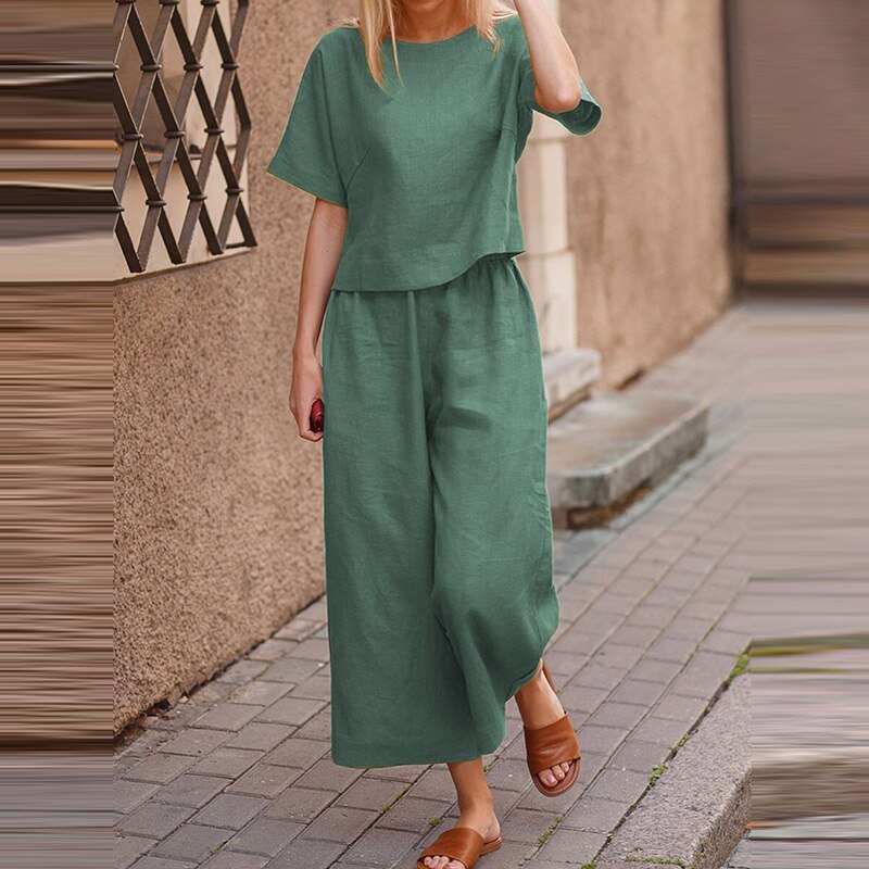 2021 Summer Fashion Two-Piece Sets Lady Cotton Linen O-Neck Short Tops And Wide Leg Pants Solid Suit Women Casual Simple Outfits 2021 Summer Fashion Two-Piece Sets Lady Cotton Linen O-Neck Short Tops And Wide Leg Pants Solid Suit Women Casual Simple Outfits
