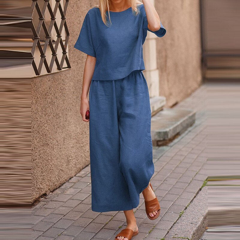 2021 Summer Fashion Two-Piece Sets Lady Cotton Linen O-Neck Short Tops And Wide Leg Pants Solid Suit Women Casual Simple Outfits 2021 Summer Fashion Two-Piece Sets Lady Cotton Linen O-Neck Short Tops And Wide Leg Pants Solid Suit Women Casual Simple Outfits
