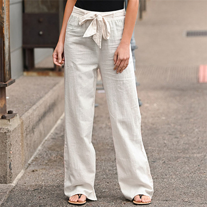 Linen Cotton Pants Women Summer Solid Color Elastic Waist Belt Wide Leg Casual Lace Up Straight Pants 2022 Female Loose Trousers