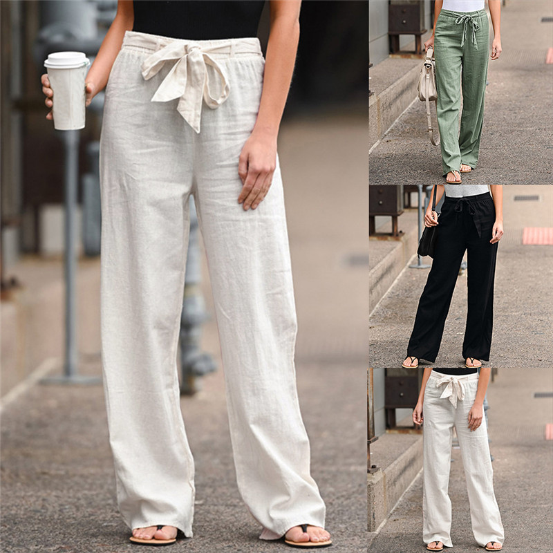 Linen Cotton Pants Women Summer Solid Color Elastic Waist Belt Wide Leg Casual Lace Up Straight Pants 2022 Female Loose Trousers