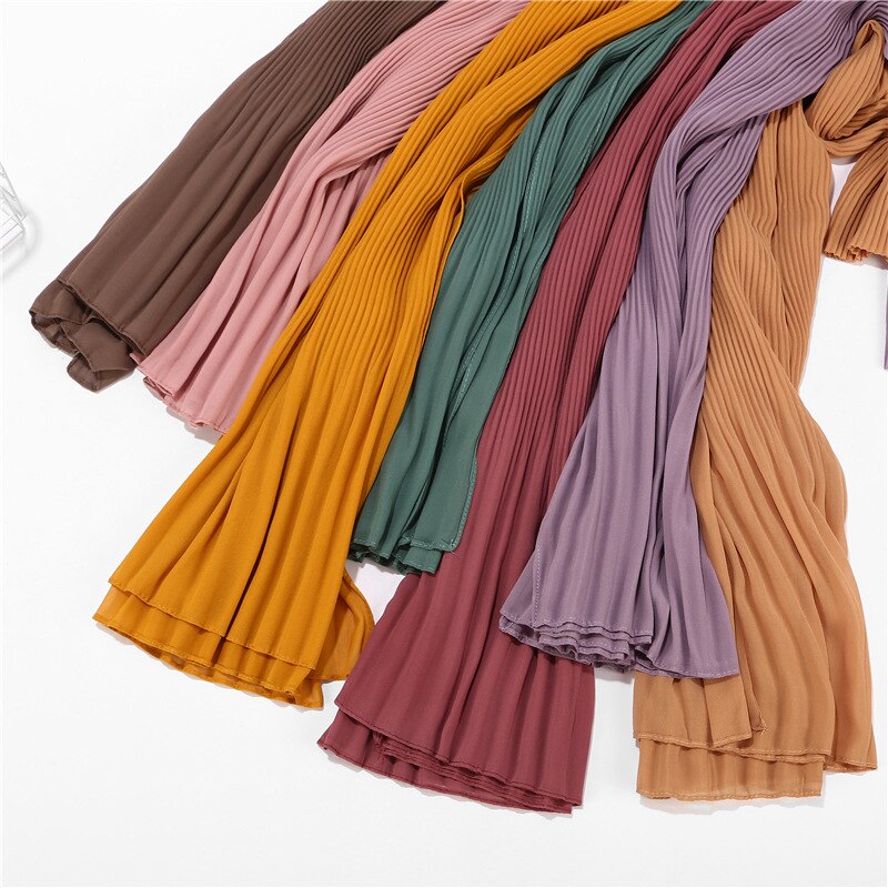 2023 New 180x90CM Muslim Solid Color Folds Striped Women's Hijab Women's Fashion Oversized Shawl Scarf Ready Turban Headscarf