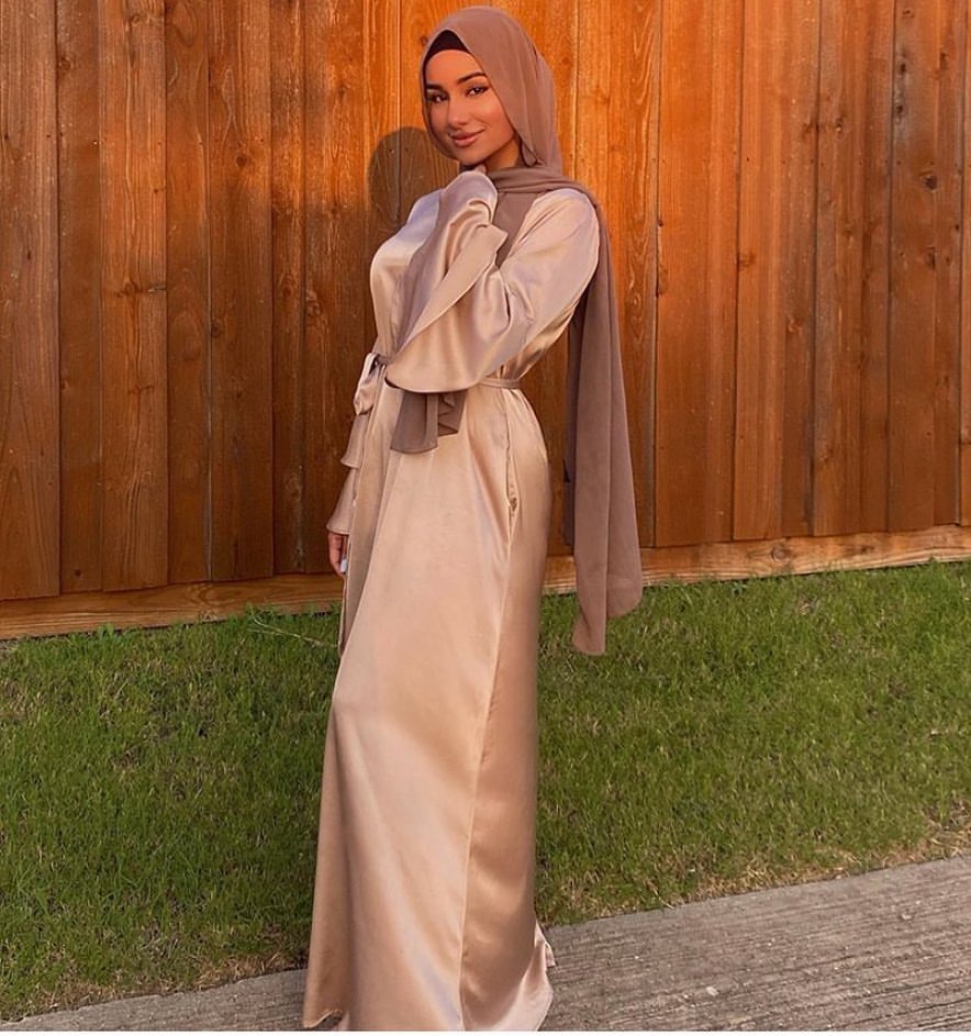 Women Islam Clothing Ramadan Eid Satin Hijab Dress Dubai Abaya Turkey Summer Flare Sleeve Muslim Fashion Maxi Dresses for Kaftan