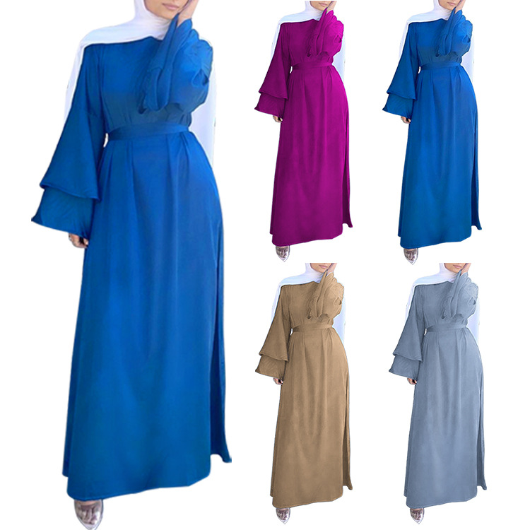 Women Islam Clothing Ramadan Eid Satin Hijab Dress Dubai Abaya Turkey Summer Flare Sleeve Muslim Fashion Maxi Dresses for Kaftan