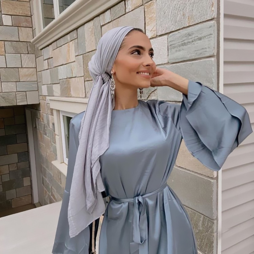 Women Islam Clothing Ramadan Eid Satin Hijab Dress Dubai Abaya Turkey Summer Flare Sleeve Muslim Fashion Maxi Dresses for Kaftan