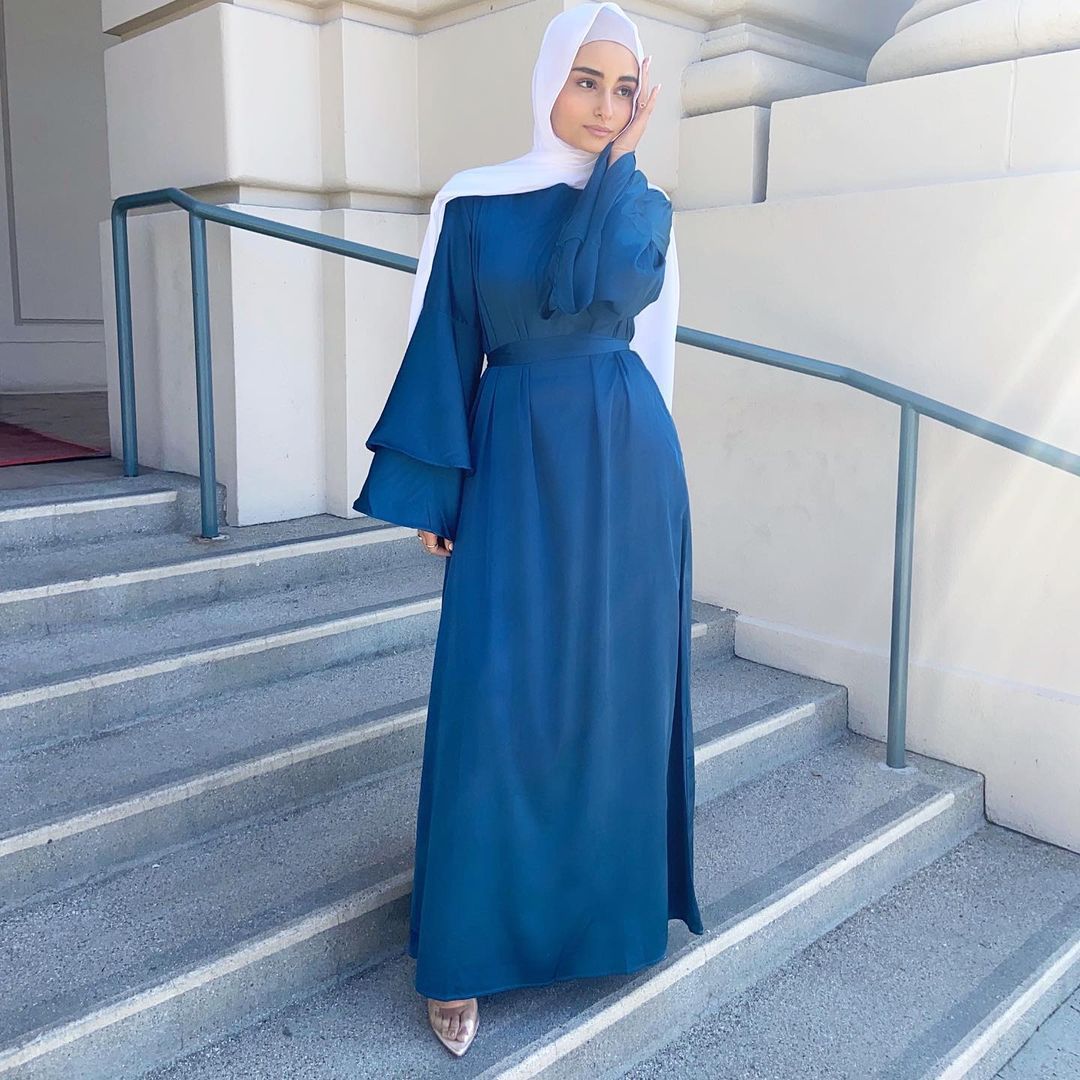 Women Islam Clothing Ramadan Eid Satin Hijab Dress Dubai Abaya Turkey Summer Flare Sleeve Muslim Fashion Maxi Dresses for Kaftan
