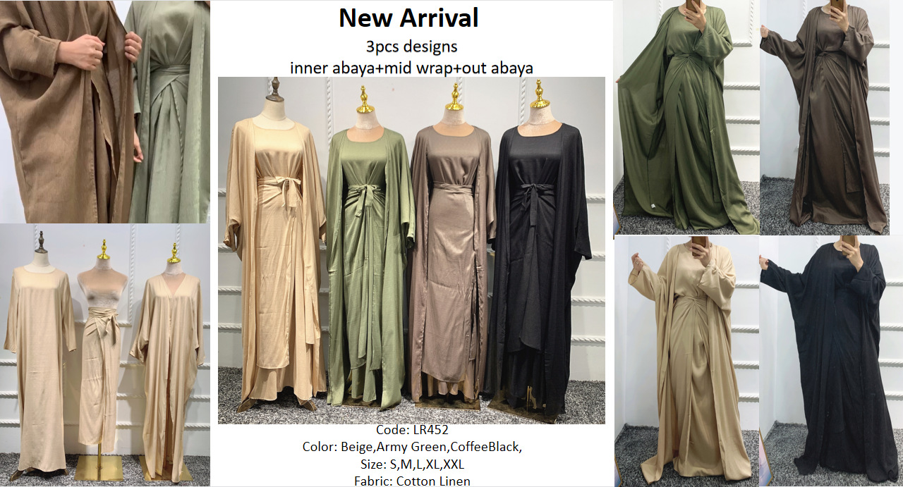 Abaya Dress Muslim 3 Piece Set Women Kimono Cardigan Hijabi Ramadan Eid Dubai Islamic Modest Caftan Matching Suits Outfits