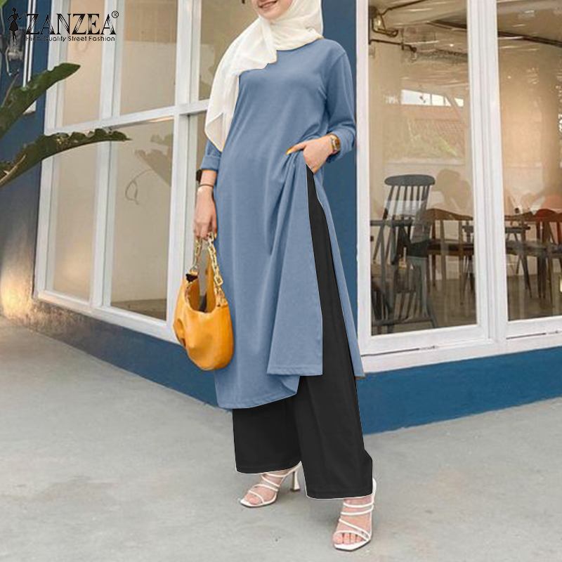 ZANZEA Fashion Muslim Sets 2PCS Long Sleeve Split Hem Tops Loose Troousers Woman Vintage Loose Urban Tracksuits 2023 Oversized ZANZEA Fashion Muslim Sets 2PCS Long Sleeve Split Hem Tops Loose Troousers Woman Vintage Loose Urban Tracksuits 2023 Oversized