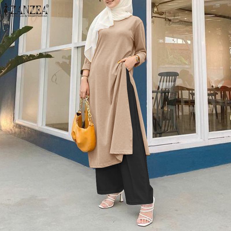 ZANZEA Fashion Muslim Sets 2PCS Long Sleeve Split Hem Tops Loose Troousers Woman Vintage Loose Urban Tracksuits 2023 Oversized ZANZEA Fashion Muslim Sets 2PCS Long Sleeve Split Hem Tops Loose Troousers Woman Vintage Loose Urban Tracksuits 2023 Oversized