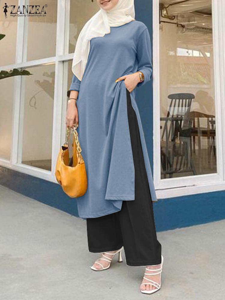 ZANZEA Fashion Muslim Sets 2PCS Long Sleeve Split Hem Tops Loose Troousers Woman Vintage Loose Urban Tracksuits 2023 Oversized ZANZEA Fashion Muslim Sets 2PCS Long Sleeve Split Hem Tops Loose Troousers Woman Vintage Loose Urban Tracksuits 2023 Oversized