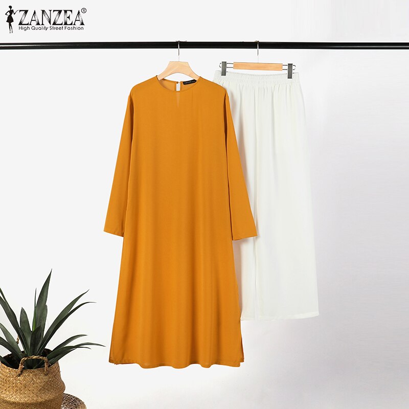 ZANZEA Fashion Muslim Sets 2PCS Long Sleeve Split Hem Tops Loose Troousers Woman Vintage Loose Urban Tracksuits 2023 Oversized ZANZEA Fashion Muslim Sets 2PCS Long Sleeve Split Hem Tops Loose Troousers Woman Vintage Loose Urban Tracksuits 2023 Oversized