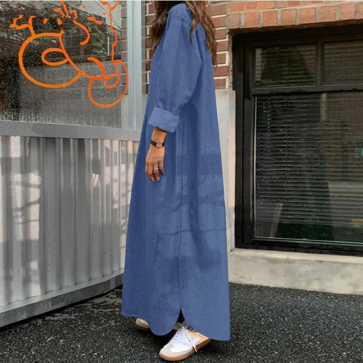 2023 Spring Autumn Solid Color POLO Collar Long Sleeve Maxi Dress Women Vintage Casual Button Loose Cowboy All-match Vestidos