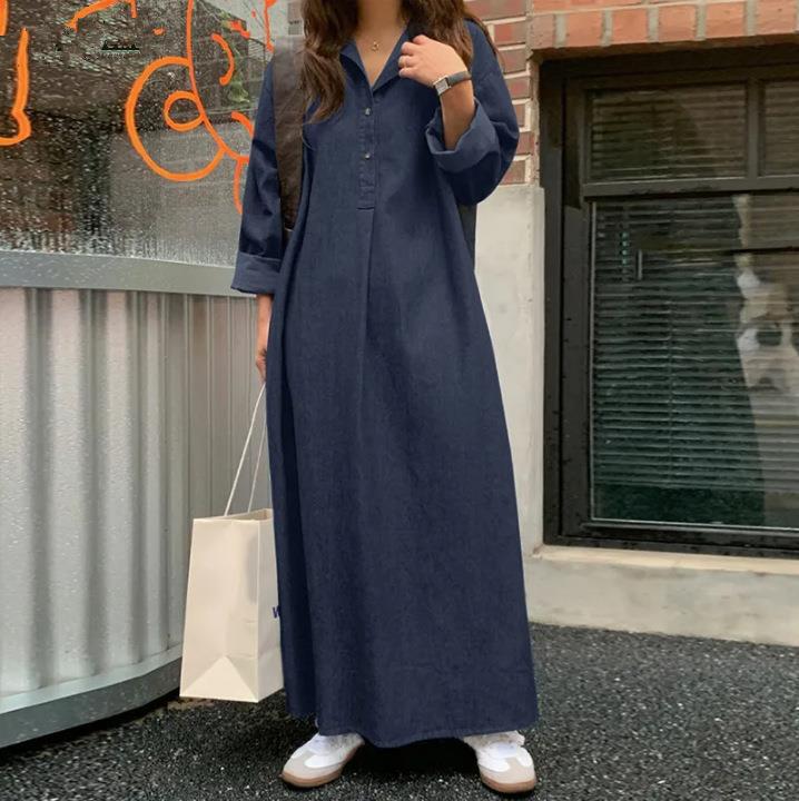 2023 Spring Autumn Solid Color POLO Collar Long Sleeve Maxi Dress Women Vintage Casual Button Loose Cowboy All-match Vestidos