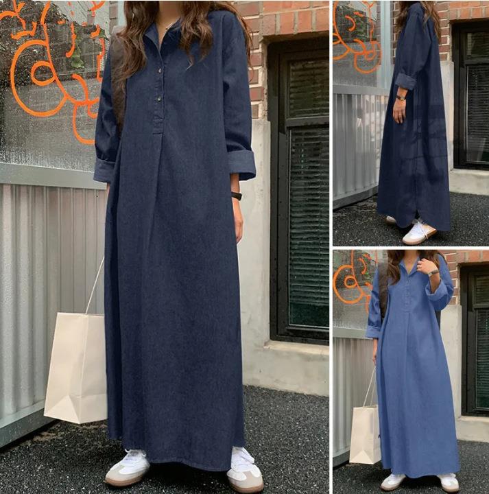 2023 Spring Autumn Solid Color POLO Collar Long Sleeve Maxi Dress Women Vintage Casual Button Loose Cowboy All-match Vestidos