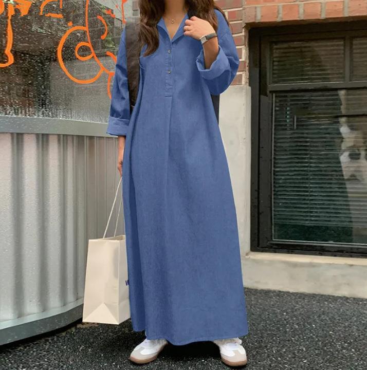 2023 Spring Autumn Solid Color POLO Collar Long Sleeve Maxi Dress Women Vintage Casual Button Loose Cowboy All-match Vestidos
