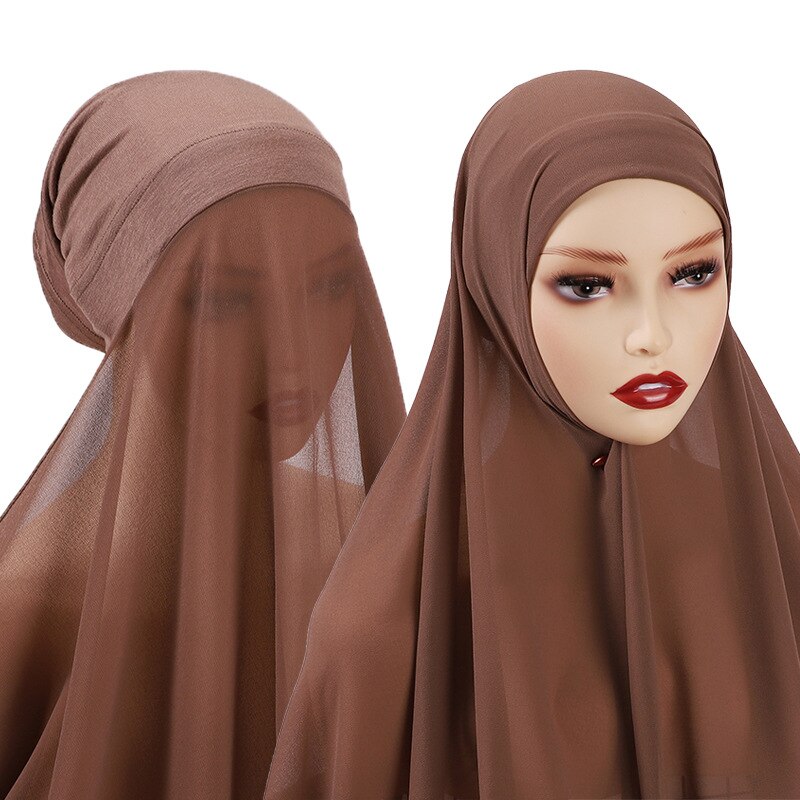2 In 1 Chiffon Hijab Scarf With Jersey Inner Cap All In One Suit For Muslim Women Convinient Headscarf 25 New Colors
