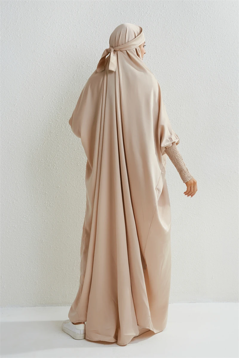 Muslim Abaya Hooded Smocking Sleeve One-piece Prayer Dress Women Jilbab Islamic Clothing Dubai Saudi Black Robe Turkish Modesty