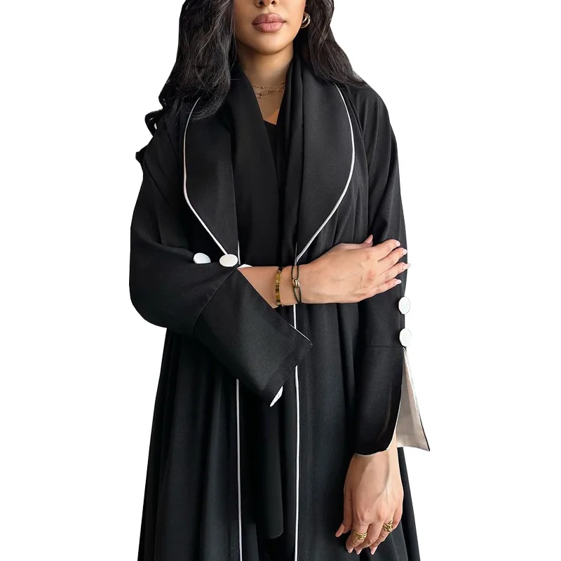 Muslim Autumn Winter Open Kimono Abaya for Women Jalabiyat Black and White Contrast Color Moroccan Turkish African Robe Dubai
