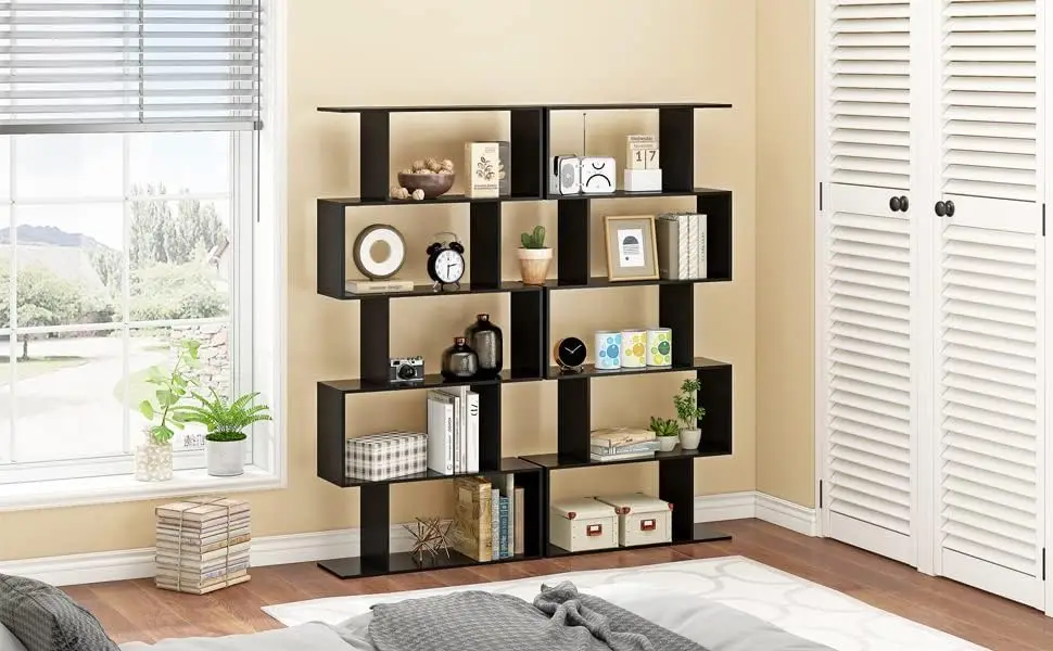 Function Home 5-Tier Geometric Bookcase, Freestanding S Shaped Bookshelf, Modern Multifunctional Display Shelves, Black Book Function Home 5-Tier Geometric Bookcase, Freestanding S Shaped Bookshelf, Modern Multifunctional Display Shelves, Black Book