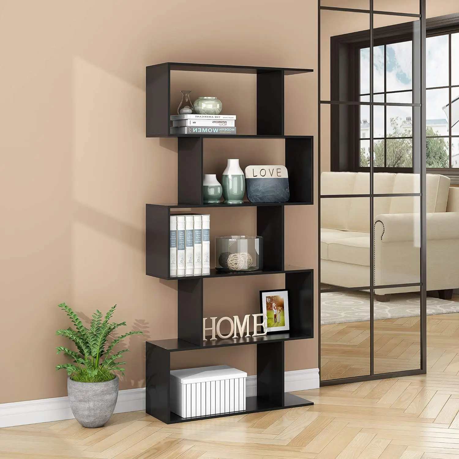 Function Home 5-Tier Geometric Bookcase, Freestanding S Shaped Bookshelf, Modern Multifunctional Display Shelves, Black Book Function Home 5-Tier Geometric Bookcase, Freestanding S Shaped Bookshelf, Modern Multifunctional Display Shelves, Black Book