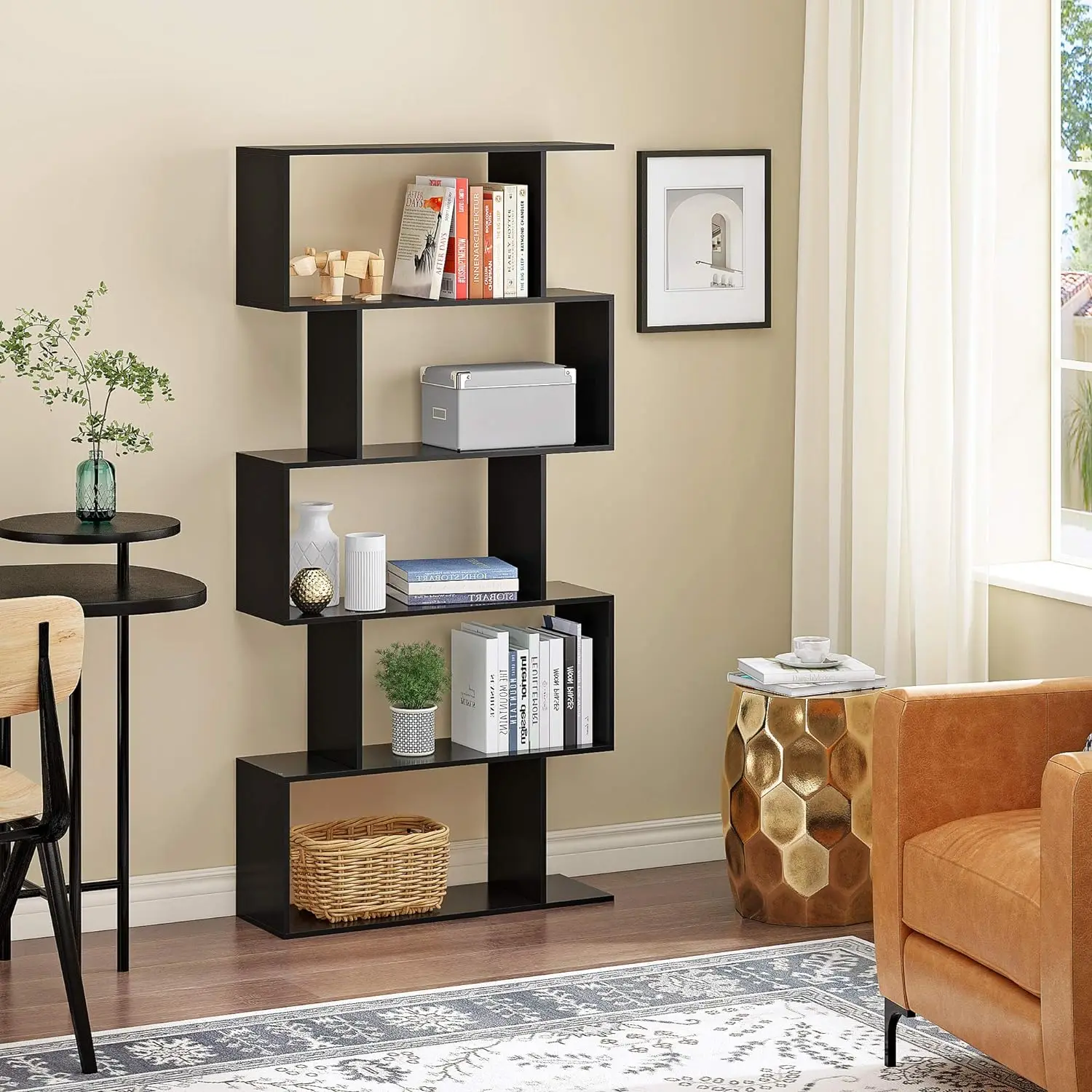 Function Home 5-Tier Geometric Bookcase, Freestanding S Shaped Bookshelf, Modern Multifunctional Display Shelves, Black Book Function Home 5-Tier Geometric Bookcase, Freestanding S Shaped Bookshelf, Modern Multifunctional Display Shelves, Black Book