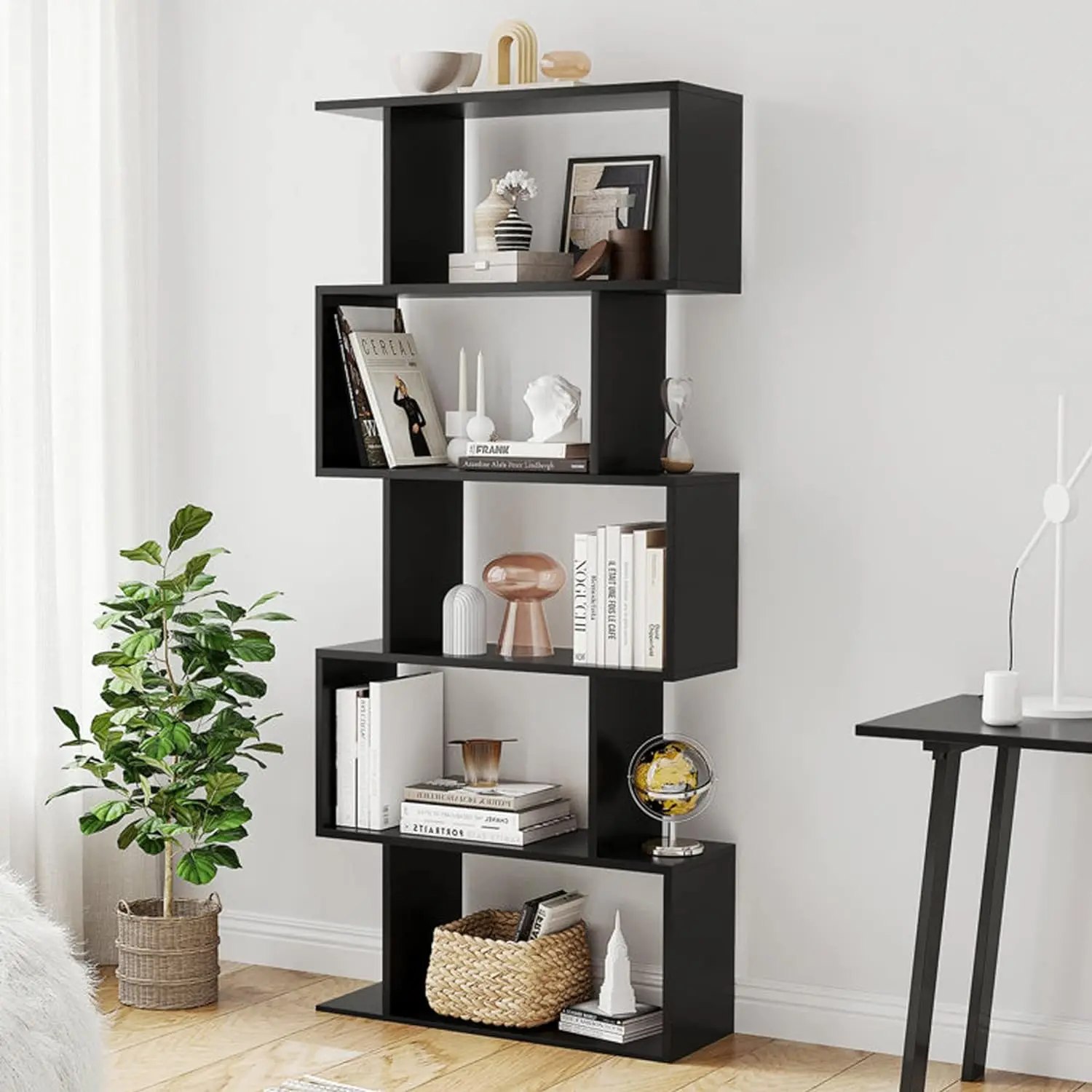 Function Home 5-Tier Geometric Bookcase, Freestanding S Shaped Bookshelf, Modern Multifunctional Display Shelves, Black Book Function Home 5-Tier Geometric Bookcase, Freestanding S Shaped Bookshelf, Modern Multifunctional Display Shelves, Black Book