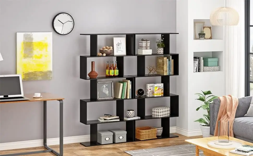 Function Home 5-Tier Geometric Bookcase, Freestanding S Shaped Bookshelf, Modern Multifunctional Display Shelves, Black Book Function Home 5-Tier Geometric Bookcase, Freestanding S Shaped Bookshelf, Modern Multifunctional Display Shelves, Black Book